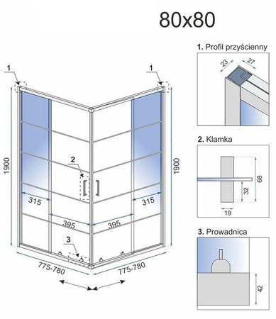 Calbati Kabina bez brodzika 800x800x1900 szkło transparent 23179720