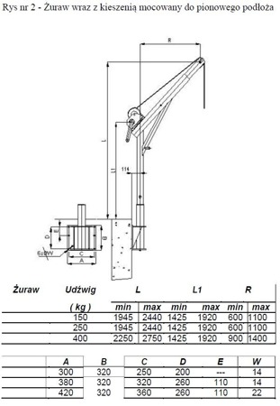 Żuraw ze stopą i wciągarką ręczną z liną AISI316 12m (udźwig: 250 kg, wysokość podnoszenia: 1945-2440 mm) 53372537
